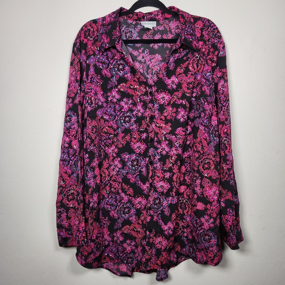 Catherines Womens 2X Pink Black‎ Shimmer Button Up Shirt Artsy Abstract Stretch